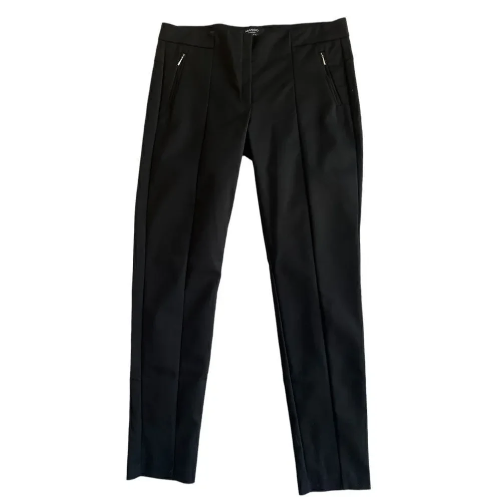 Mango Basics Slim Fit Black Front Seam Pleat Minimalist Casual Trousers Pants 8